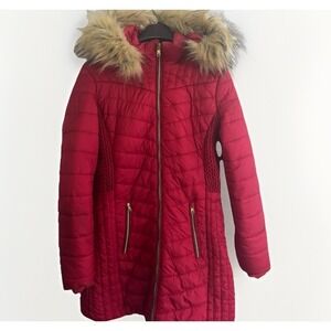 Red Puffer Jacket Women's Size Small Removable Faux Fur Hood, Quilted